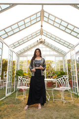 Black Sequin Embellished Co-Ord Set with Draped Skirt & Embroidered Jacket