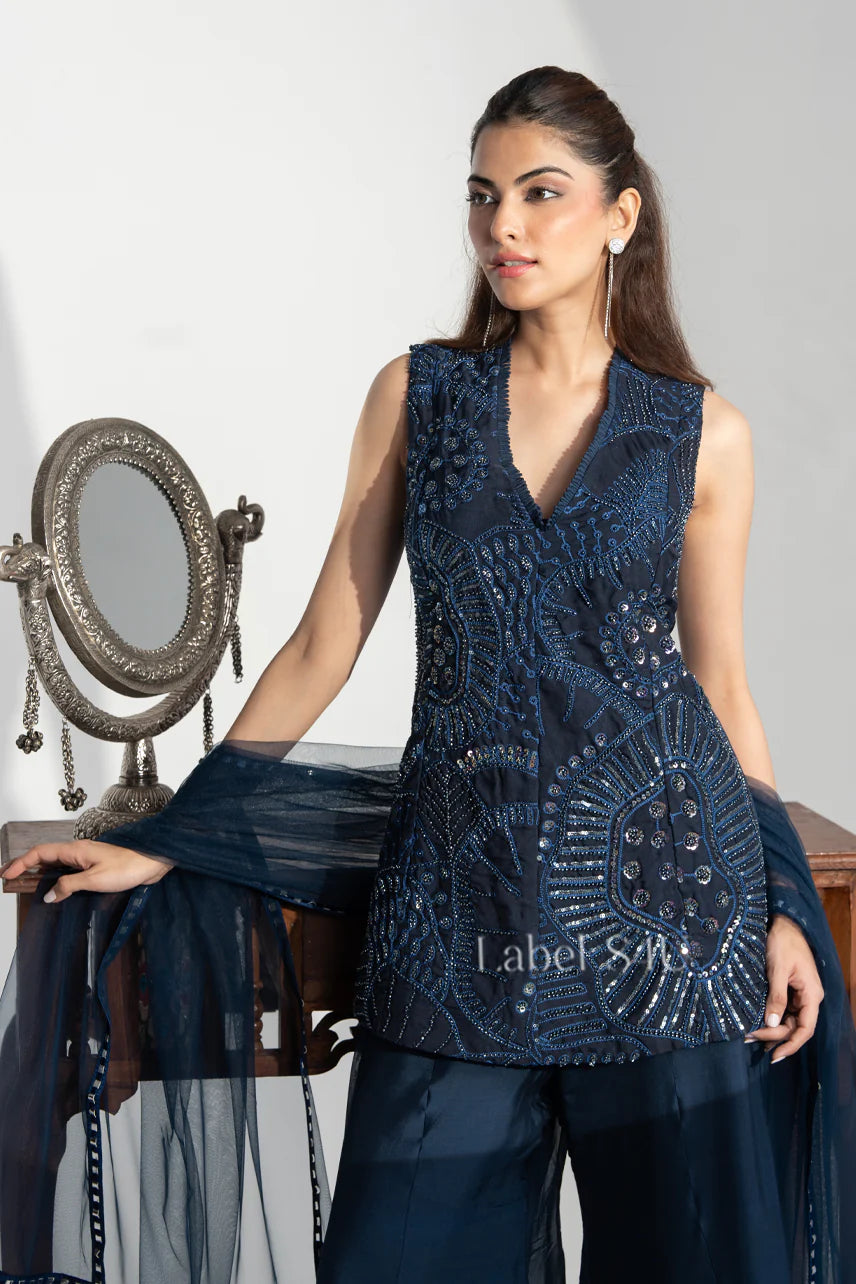 Deep Midnight Blue Embellished Peplum Top Sharara Set with Dupatta |Label S4U