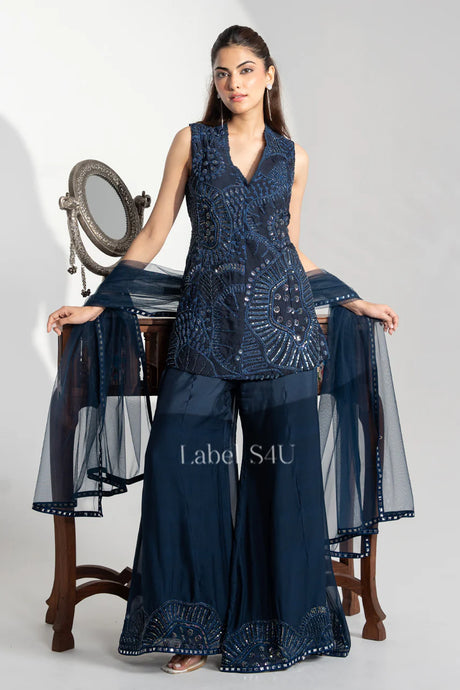 Deep Midnight Blue Embellished Peplum Top Sharara Set with Dupatta