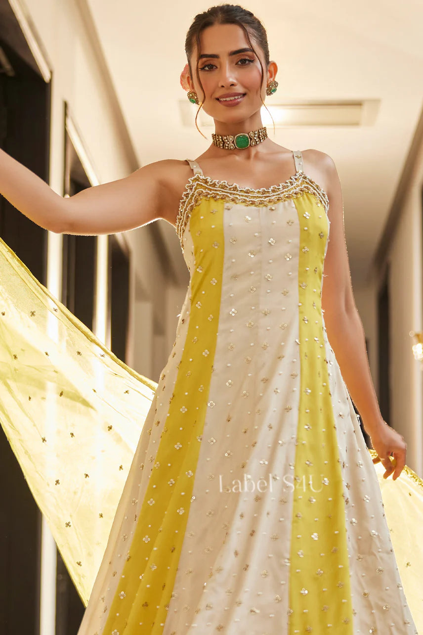 Sunny Yellow & Ivory Striped Anarkali Gown with Dupatta