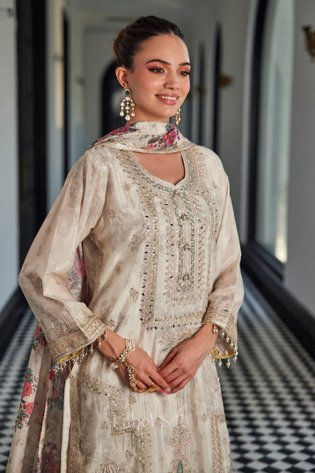 Ivory Floral Embroidered Straight Kurta Palazzo Dupatta Set