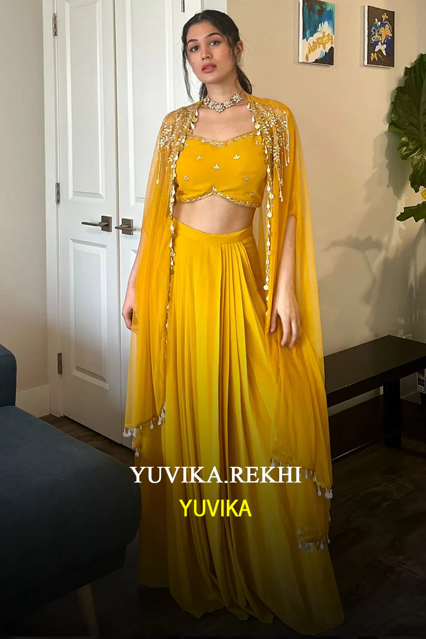 Radiant Mustard Yellow Embellished Cape Lehenga Set |Label S4U