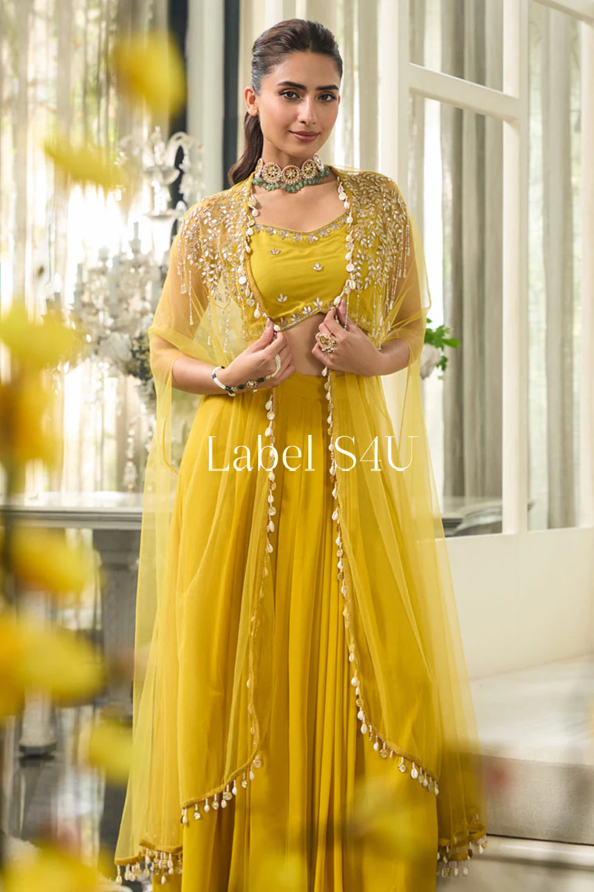 Radiant Mustard Yellow Embellished Cape Lehenga Set |Label S4U