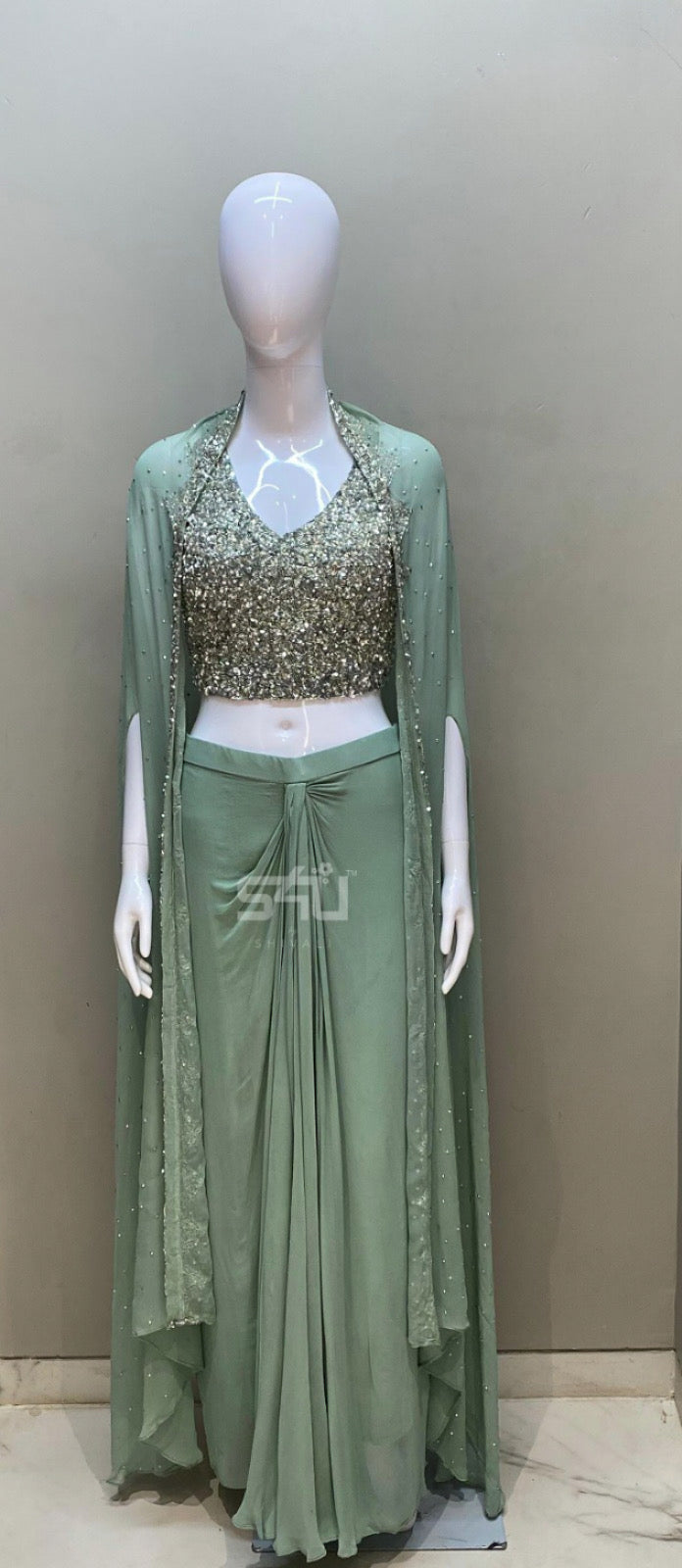 Mint Green Draped Pant Set with Embellished Bustier & Cape |Label S4U