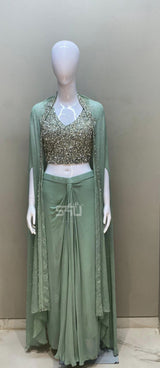 Mint Green Draped Pant Set with Embellished Bustier & Cape |Label S4U