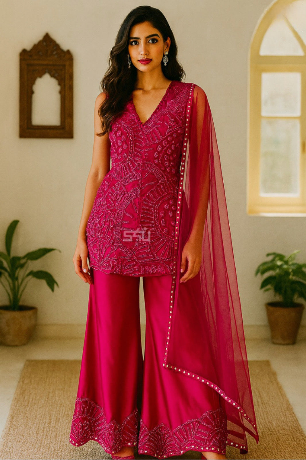 Radiant Raspberry Pink Embellished Peplum Kurta Sharara Set with Dupatta