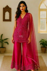 Radiant Raspberry Pink Embellished Peplum Kurta Sharara Set with Dupatta