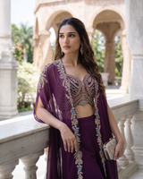 Plum Jewel Embroidered Cape Palazzo Set