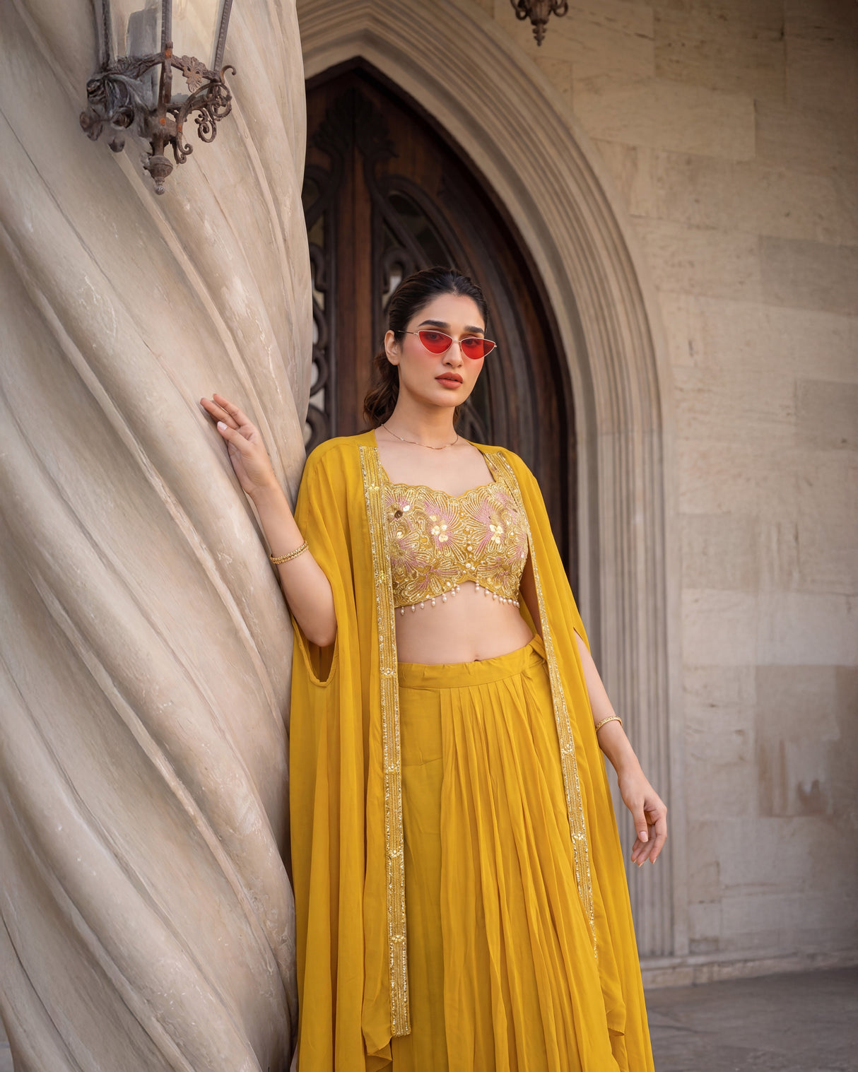 Mustard Gold Embroidered Cape Palazzo Set