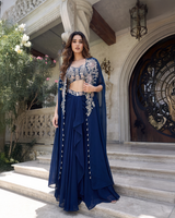 Navy Ivory Cape Saree Set