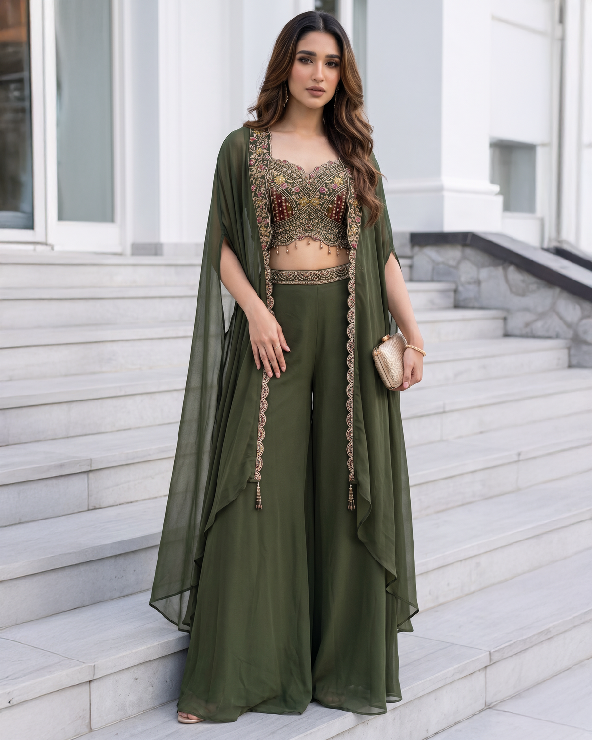 Olive Maroon Embroidered Cape Palazzo Set