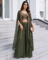 Olive Maroon Embroidered Cape Palazzo Set