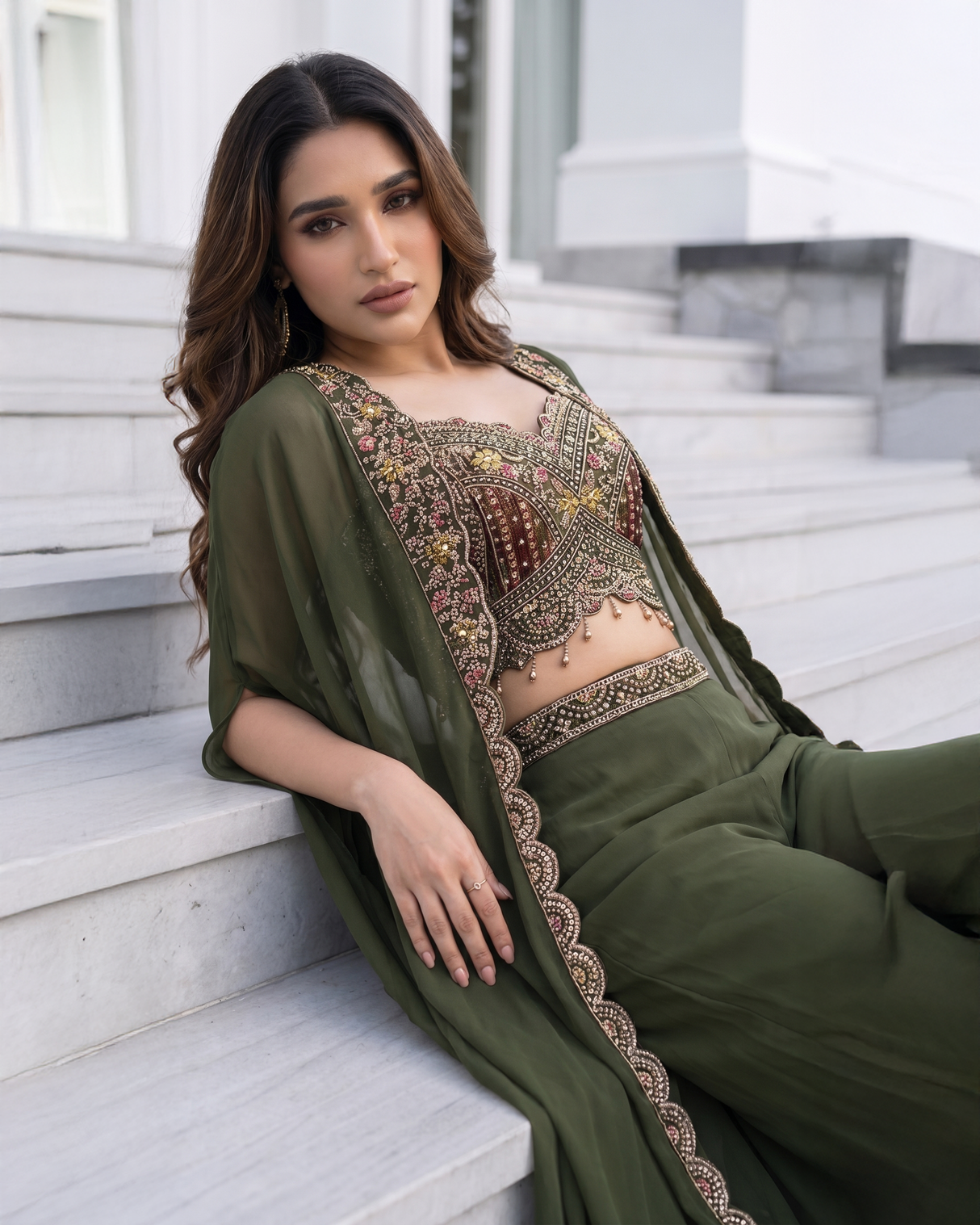 Olive Maroon Embroidered Cape Palazzo Set