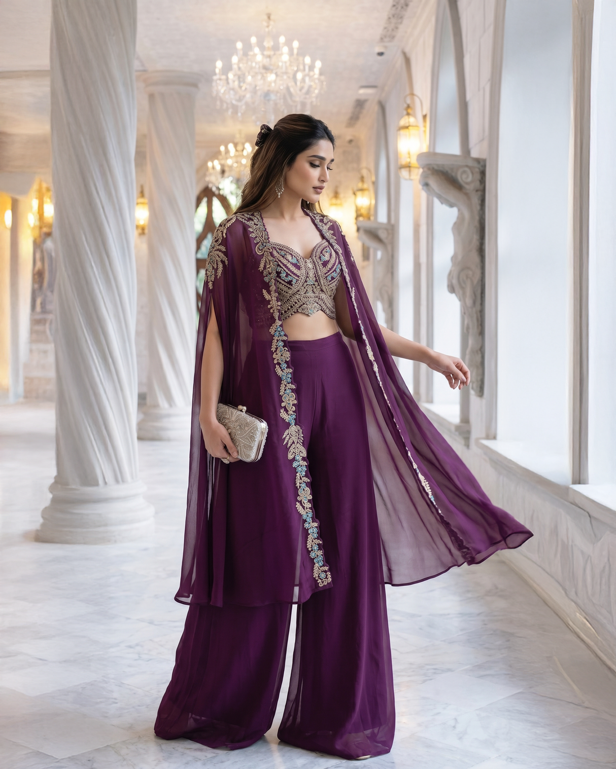 Plum Jewel Embroidered Cape Palazzo Set