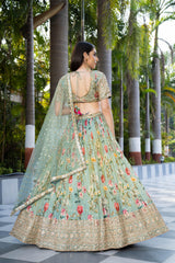 Mint Green Floral Embroidered Lehenga Set | Zari & Sequin Work Blouse & Net Dupatta | Luxe Bridal & Festive Wear