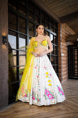 Sunshine Dreams Yellow Lehenga Set with Mirror Work & Floral Embroidery | Elegant Bustier Blouse, Net Dupatta | Bridal & Festive Wear