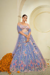Celestial Dreams Blue Embroidered Net Lehenga Set with Mirror Work & Sequin Detailing | Modern Bridal & Festive Wear