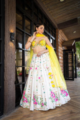 Sunshine Dreams Yellow Lehenga Set with Mirror Work & Floral Embroidery | Elegant Bustier Blouse, Net Dupatta | Bridal & Festive Wear