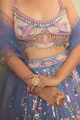 Celestial Dreams Blue Embroidered Net Lehenga Set with Mirror Work & Sequin Detailing | Modern Bridal & Festive Wear