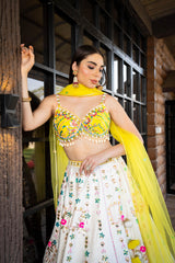Sunshine Dreams Yellow Lehenga Set with Mirror Work & Floral Embroidery | Elegant Bustier Blouse, Net Dupatta | Bridal & Festive Wear