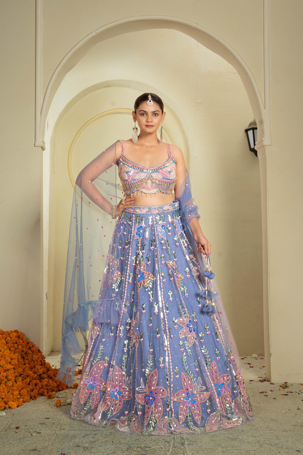 Celestial Dreams Blue Embroidered Net Lehenga Set with Mirror Work & Sequin Detailing | Modern Bridal & Festive Wear