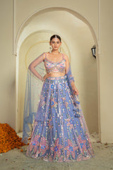 Celestial Dreams Blue Embroidered Net Lehenga Set with Mirror Work & Sequin Detailing | Modern Bridal & Festive Wear