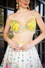Sunshine Dreams Yellow Lehenga Set with Mirror Work & Floral Embroidery | Elegant Bustier Blouse, Net Dupatta | Bridal & Festive Wear