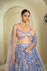 Celestial Dreams Blue Embroidered Net Lehenga Set with Mirror Work & Sequin Detailing | Modern Bridal & Festive Wear
