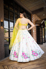 Sunshine Dreams Yellow Lehenga Set with Mirror Work & Floral Embroidery | Elegant Bustier Blouse, Net Dupatta | Bridal & Festive Wear