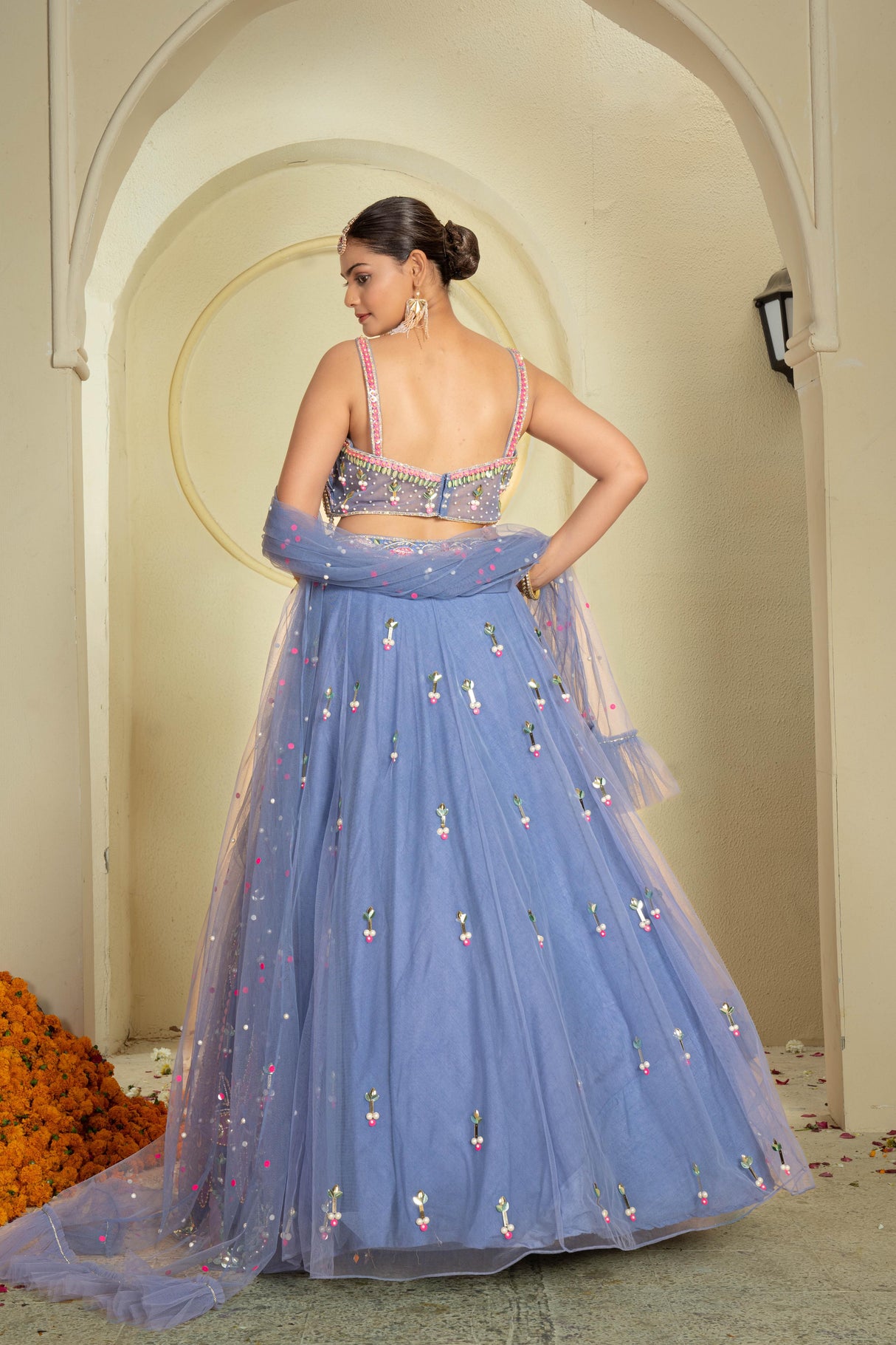 Celestial Dreams Blue Embroidered Net Lehenga Set with Mirror Work & Sequin Detailing | Modern Bridal & Festive Wear