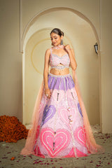 Peach & Pink Heart Embellished Lehenga Set with Mirror Work & Sequin Detailing | Festive Bridal & Celebration Wear