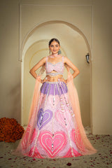 Peach & Pink Heart Embellished Lehenga Set with Mirror Work & Sequin Detailing | Festive Bridal & Celebration Wear