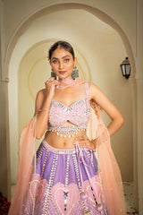 Peach & Pink Heart Embellished Lehenga Set with Mirror Work & Sequin Detailing | Festive Bridal & Celebration Wear