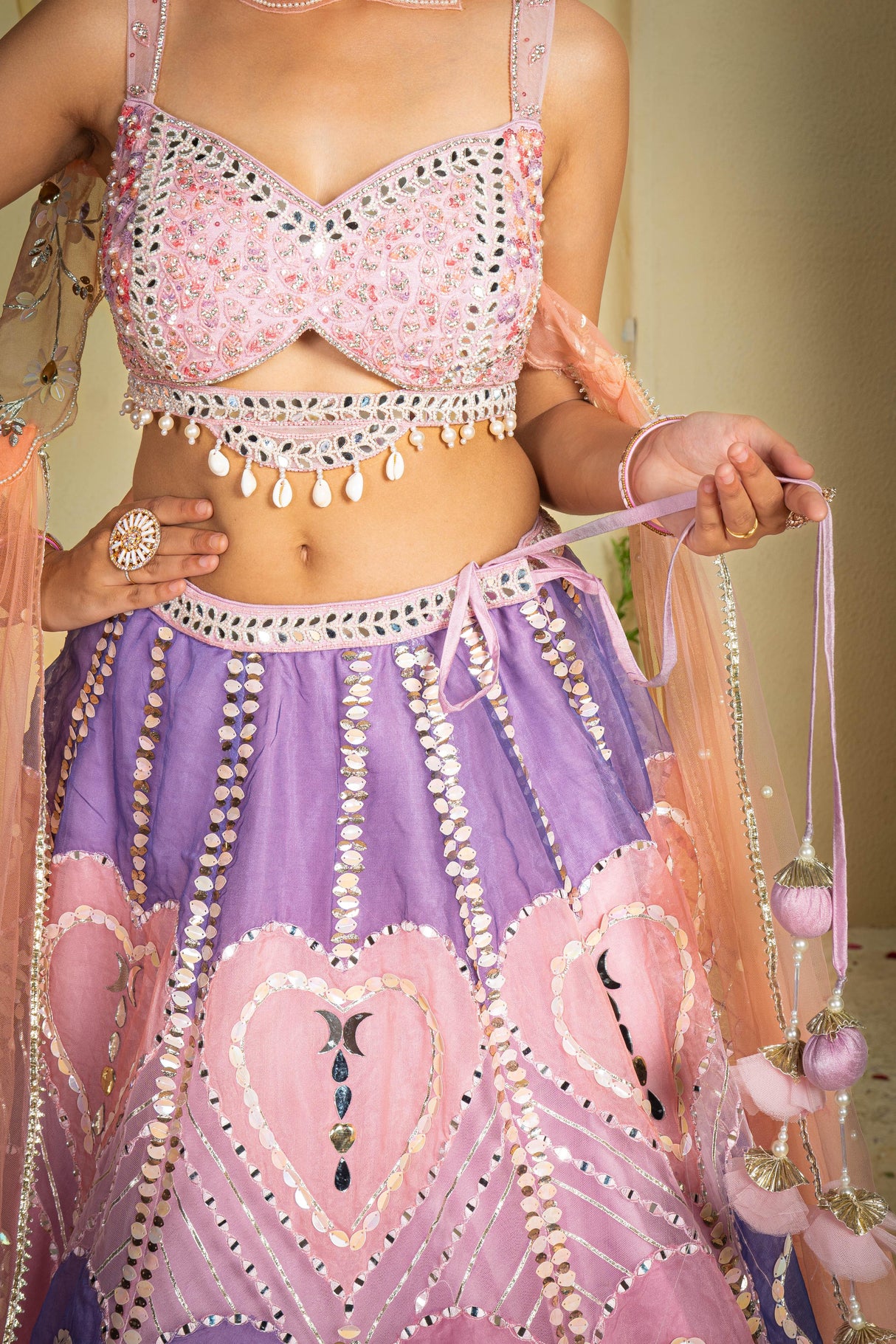 Peach & Pink Heart Embellished Lehenga Set with Mirror Work & Sequin Detailing | Festive Bridal & Celebration Wear