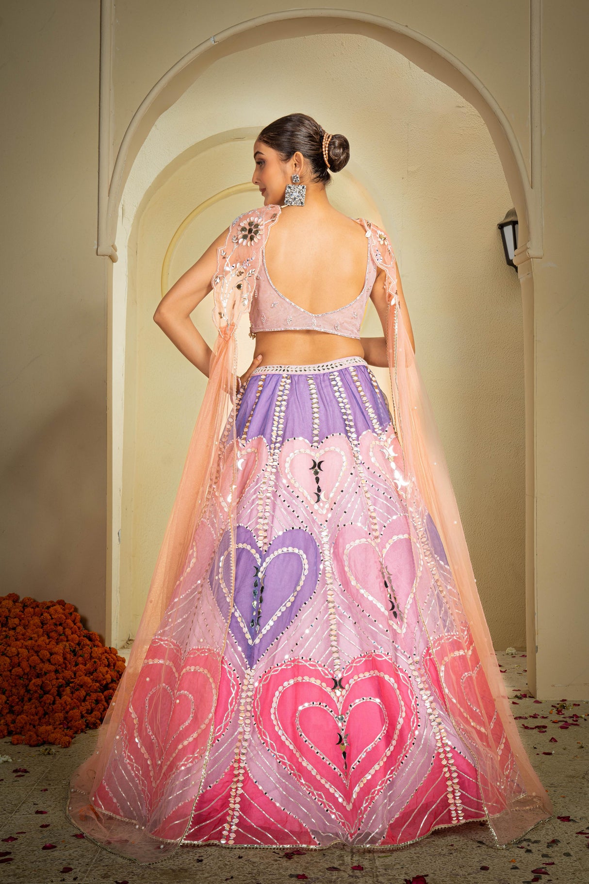 Peach & Pink Heart Embellished Lehenga Set with Mirror Work & Sequin Detailing | Festive Bridal & Celebration Wear