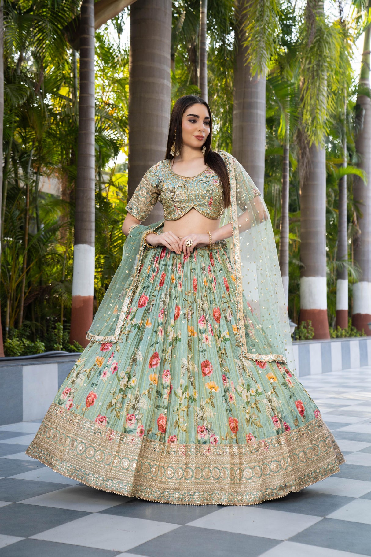 Mint Green Floral Embroidered Lehenga Set | Zari & Sequin Work Blouse & Net Dupatta | Luxe Bridal & Festive Wear
