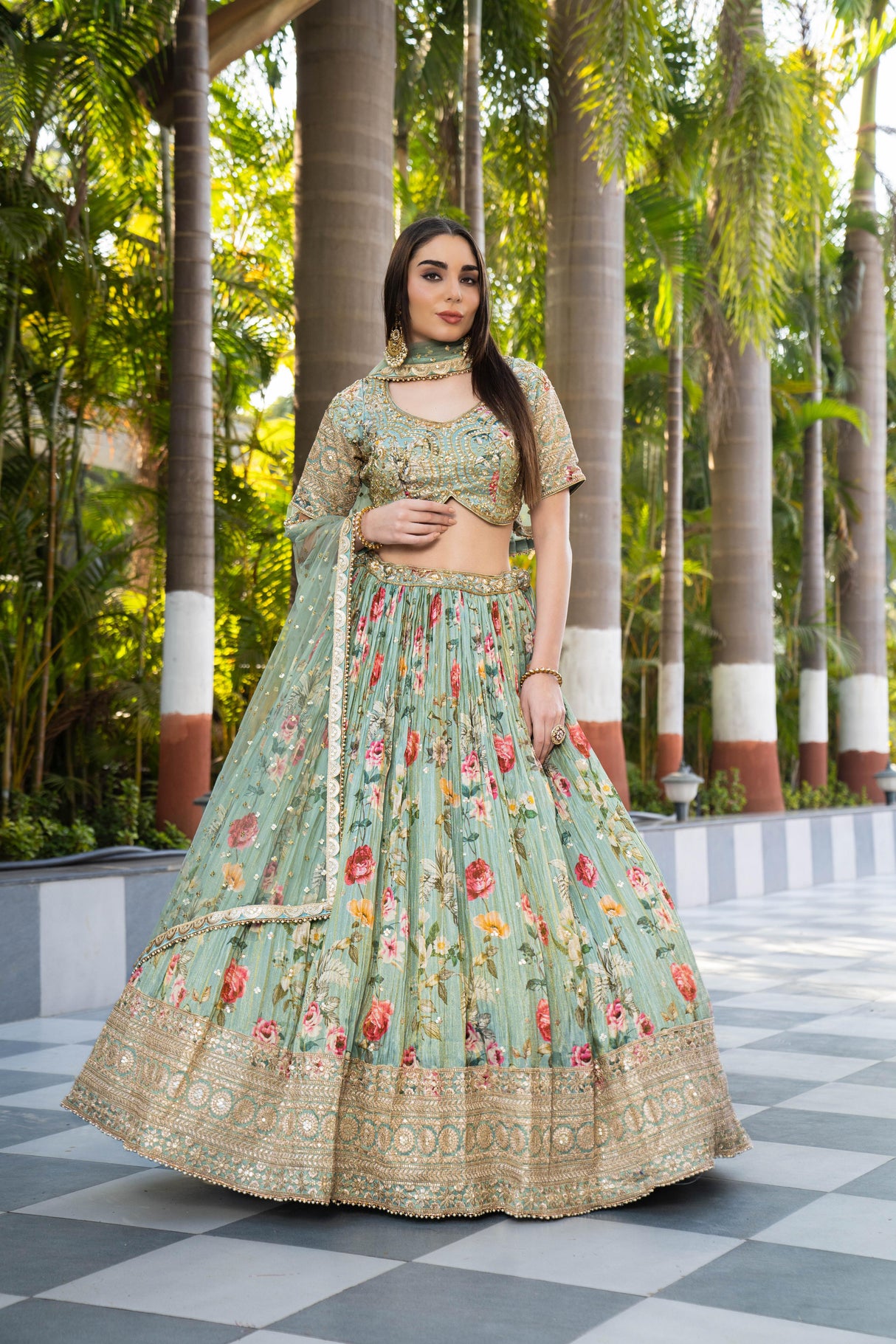 Mint Green Floral Embroidered Lehenga Set | Zari & Sequin Work Blouse & Net Dupatta | Luxe Bridal & Festive Wear
