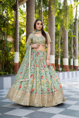 Mint Green Floral Embroidered Lehenga Set | Zari & Sequin Work Blouse & Net Dupatta | Luxe Bridal & Festive Wear