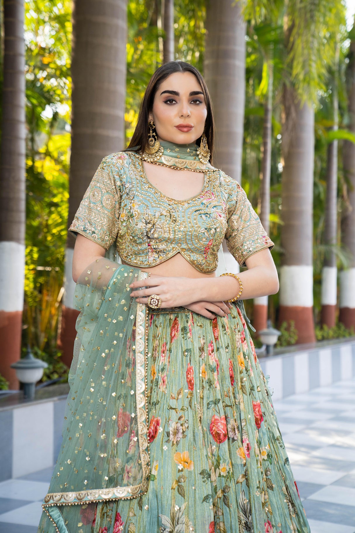 Mint Green Floral Embroidered Lehenga Set | Zari & Sequin Work Blouse & Net Dupatta | Luxe Bridal & Festive Wear