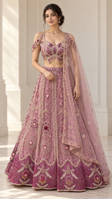 Dusty mauve pearl lehenga set with embellished blouse, flared skirt and sheer dupatta