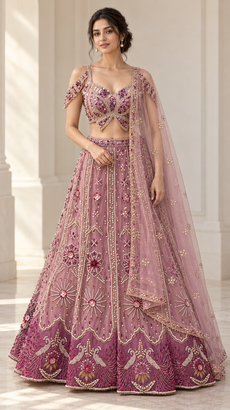 Dusty mauve pearl lehenga set with embellished blouse, flared skirt and sheer dupatta