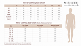 Men's size chart with chest, waist and length measurements in inches