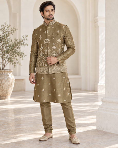 Antique olive Nehru jacket set with ivory motif detailing over a kurta and trousers