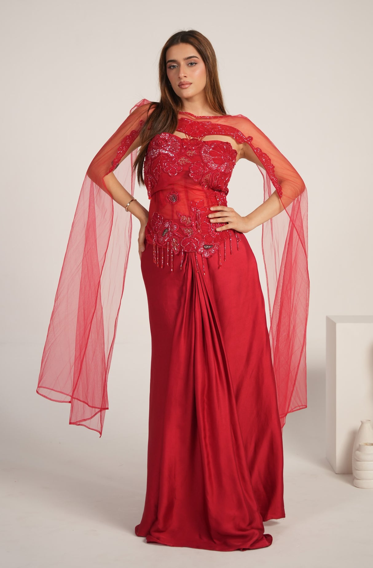 Crimson Floral Crystal Draped Saree Couture Set