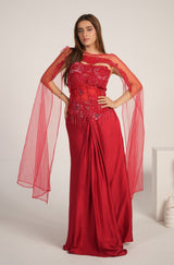 Crimson Floral Crystal Draped Saree Couture Set