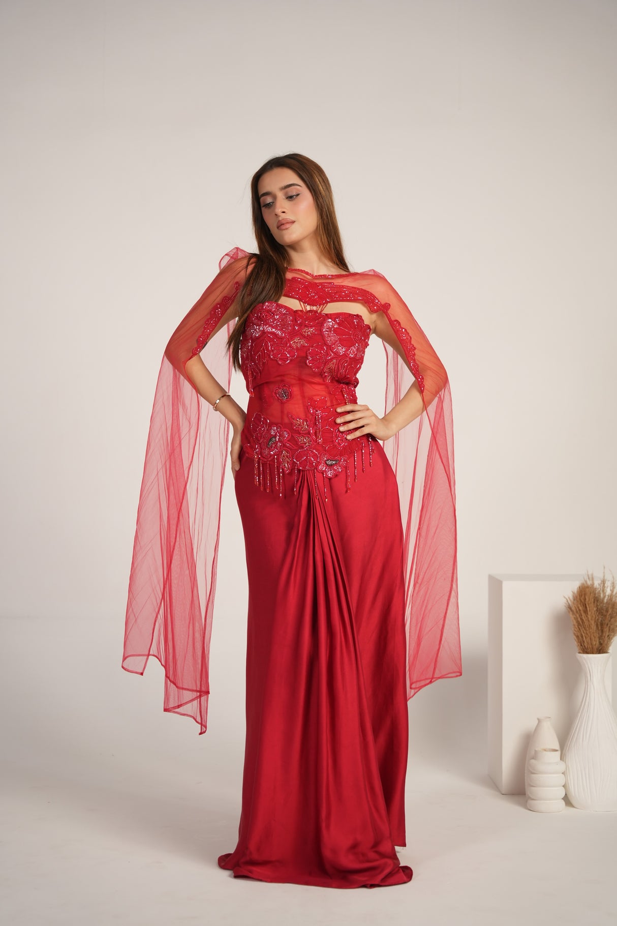 Crimson Floral Crystal Draped Saree Couture Set