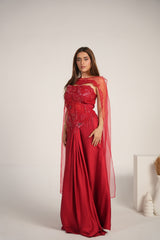 Crimson Floral Crystal Draped Saree Couture Set