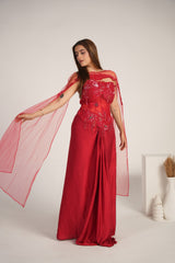 Crimson Floral Crystal Draped Saree Couture Set
