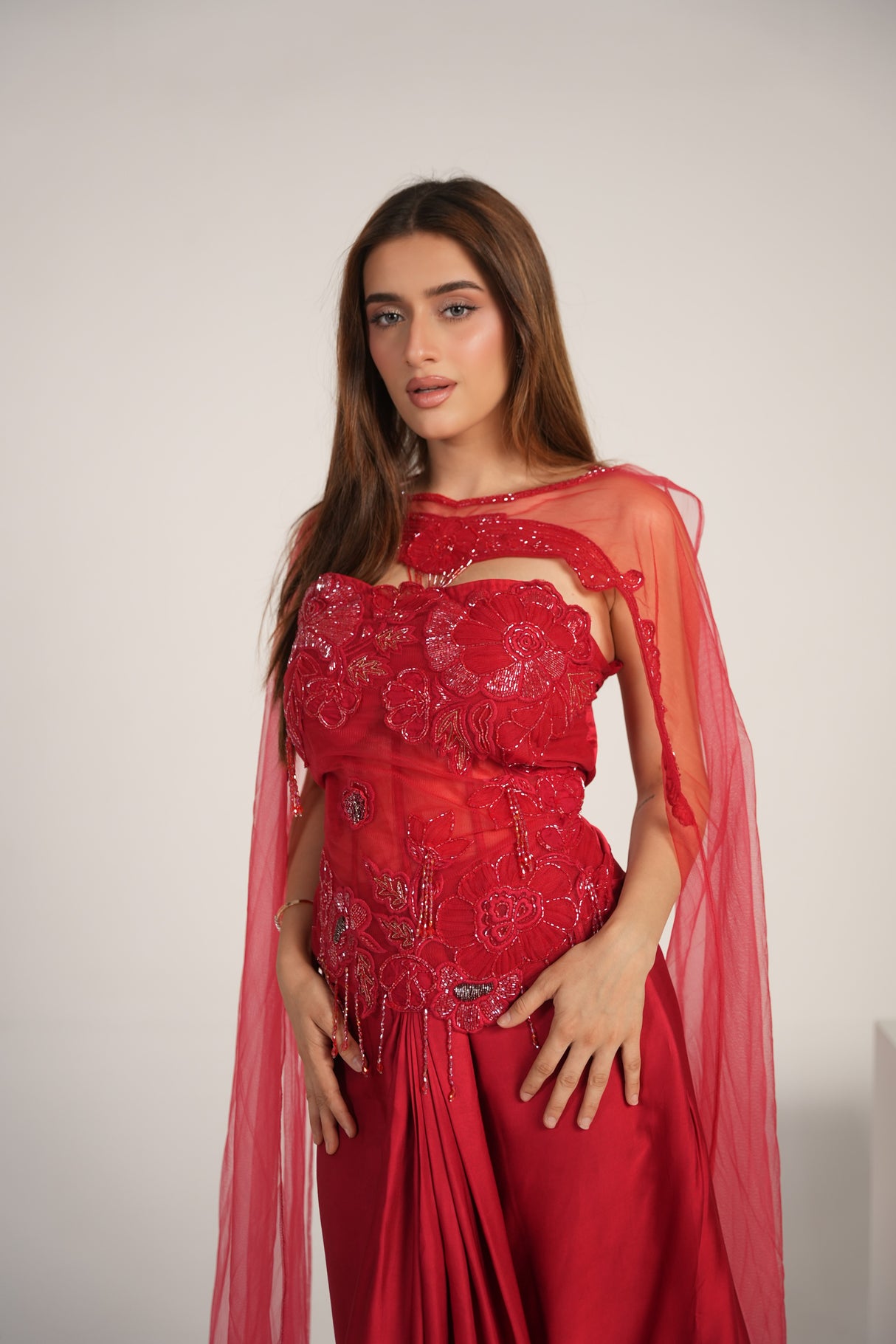 Crimson Floral Crystal Draped Saree Couture Set