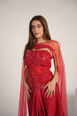 Crimson Floral Crystal Draped Saree Couture Set